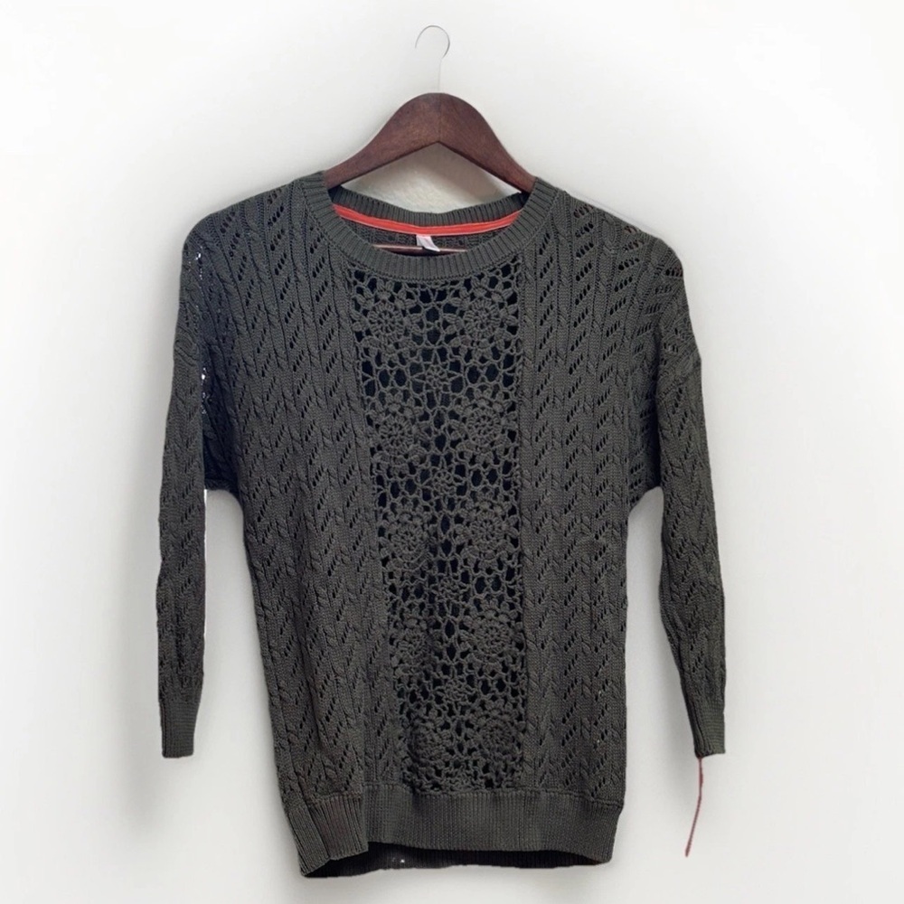 Xhilaration Olive Green Open Knit Floral Detail Sweater, Size Small